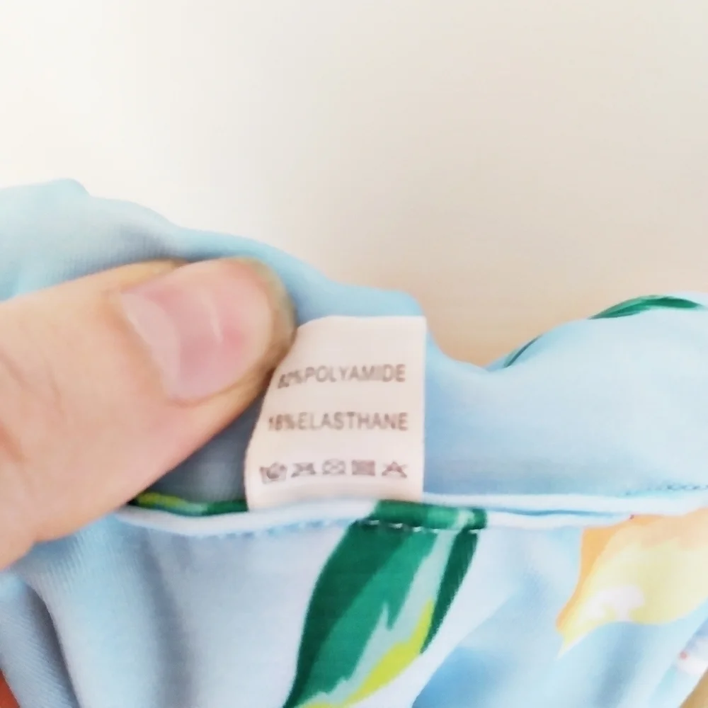 Unbranded Retro Tie Front Peach Print Baby Blue Bikini Top Size Small